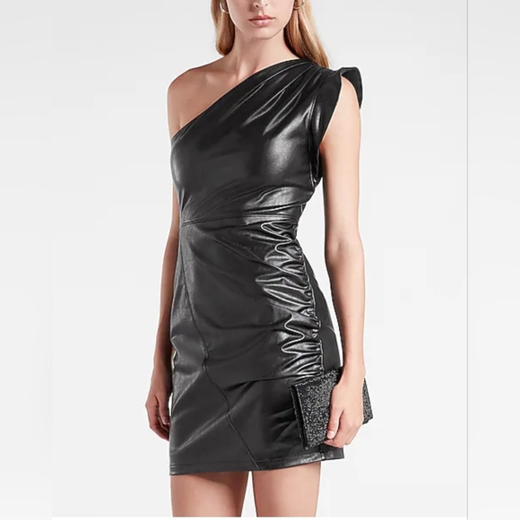 Express Dresses & Skirts - Express Faux Leather One Shoulder Ruched Mini Dress in Black, Size XS
